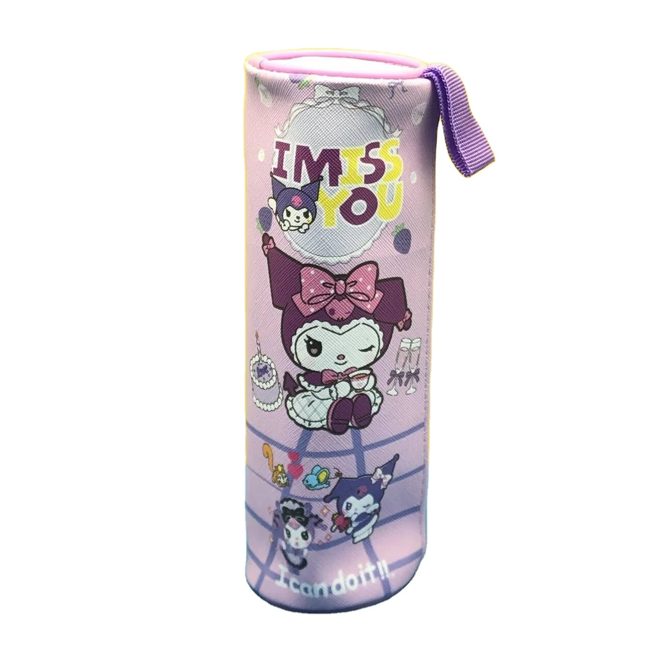 Wholesale creative large capacity pencil box, anime cartoon kuromi cylinder hand carry pu pencil case for student