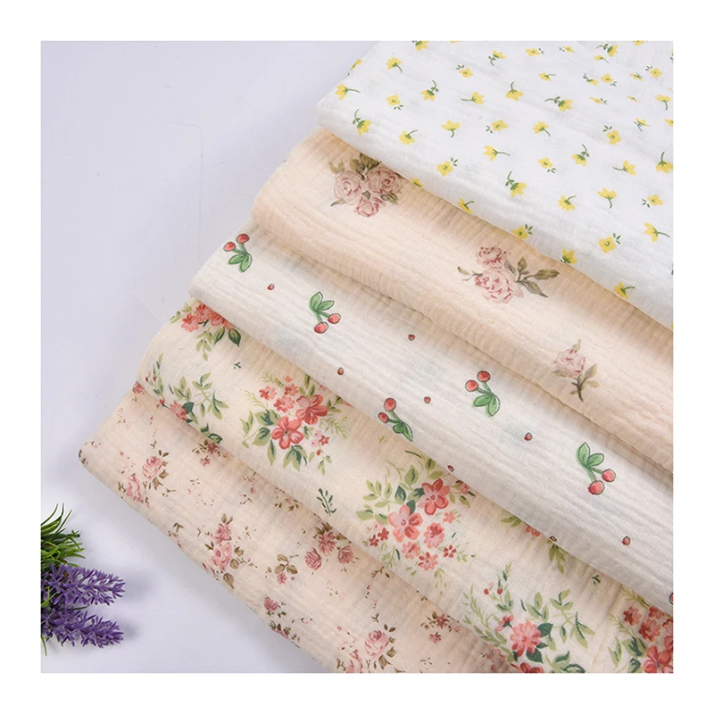 Wholesale high quality custom organic double gauze floral printed muslin cotton 2 layers fabric baby