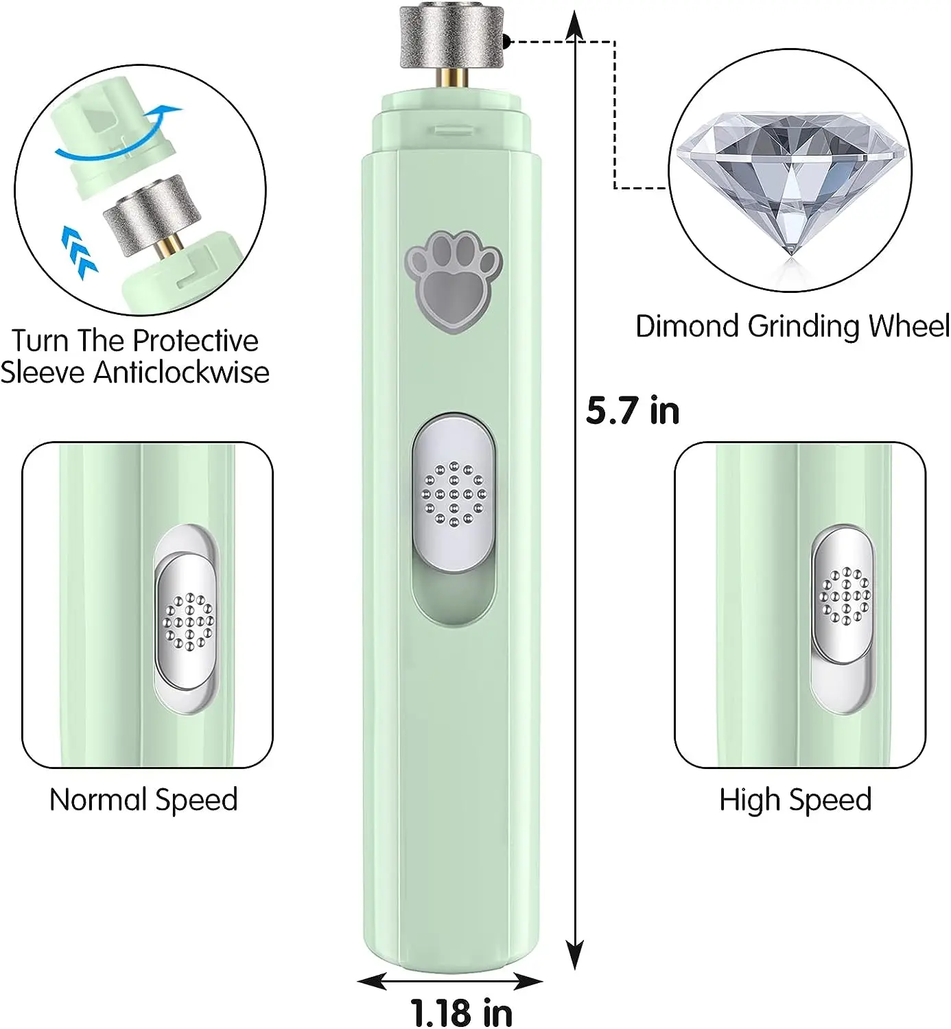 Dog Nail Grinder Upgraded Pet Cat Dog Nail Trimmers Clippers Tool 2 Speed Rechargeable Electric Pet Nail Grinder Grooming Tool