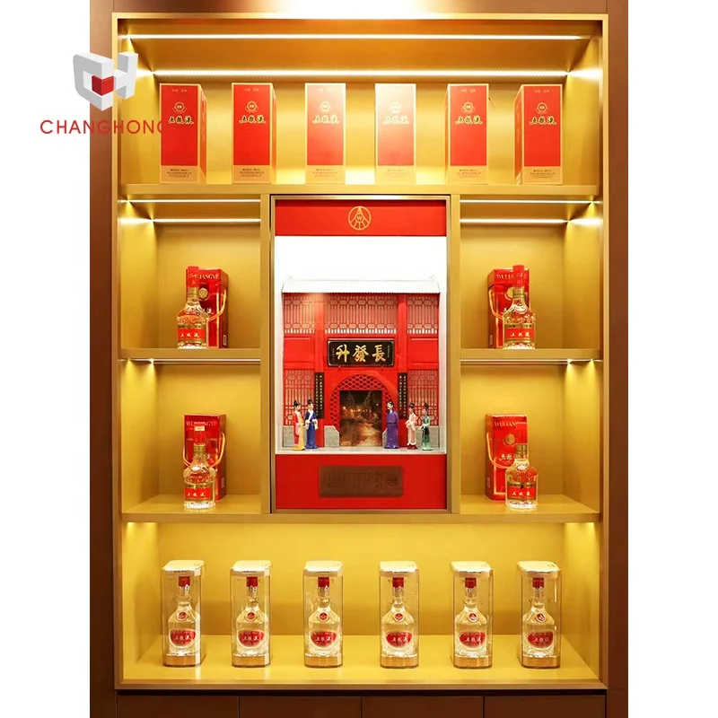 Wooden wine case bar with glass display for wine store shelving and wine presentation