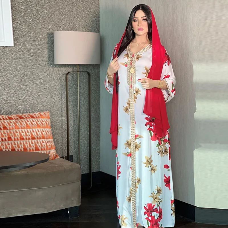 Fashion Lady Elegant Muslim Women Islamic Kaftan Dress With Scarfs High Quality Maxi Dress Chiffon Silk Brazil Long Gown