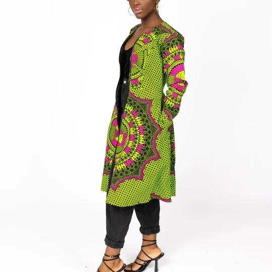 Платье-жакет с Африканским принтом, платье из 100% хлопка с круглым вырезом и длинными рукавами, ТРАПЕЦИЕВИДНОЕ ПЛАТЬЕ-жакет