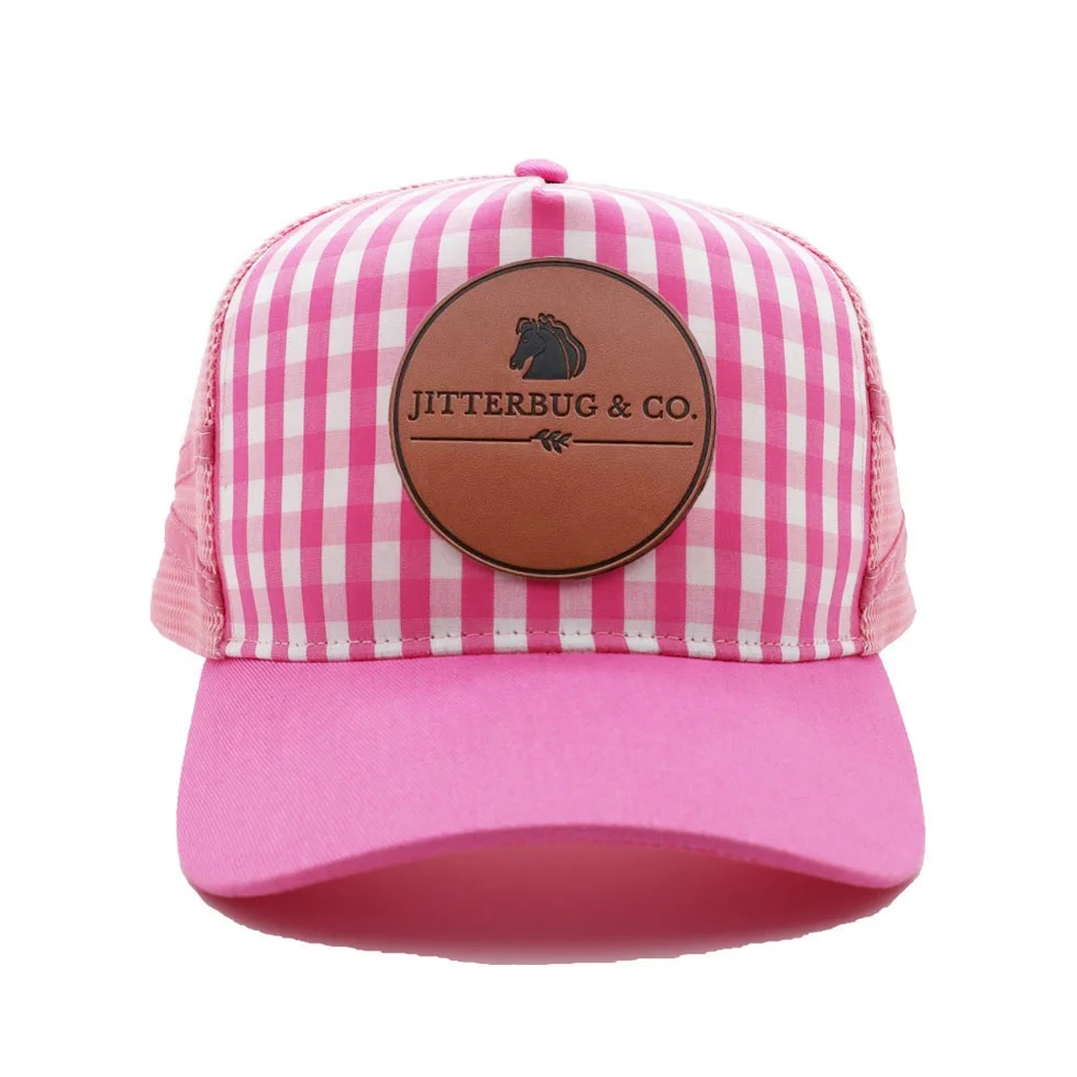 Popular various styles Custom made 5 Panel High Profile Trucker Hat With Leather Patch Logo Double Stripes trucker hats Caps