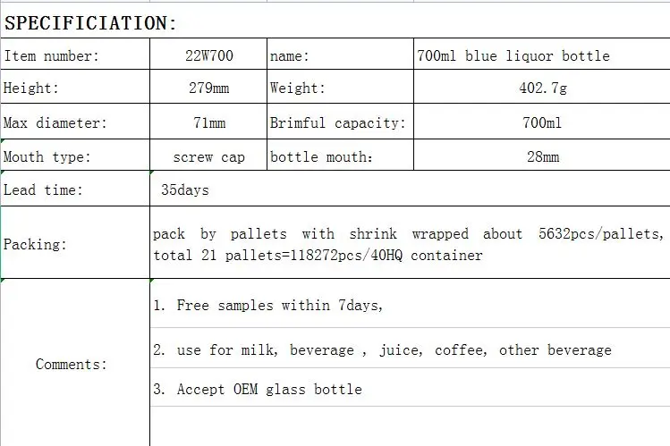 700ml screw beverage vodka whisky jean drink brandy carbonated drink champagne transparent light blue glass bottle