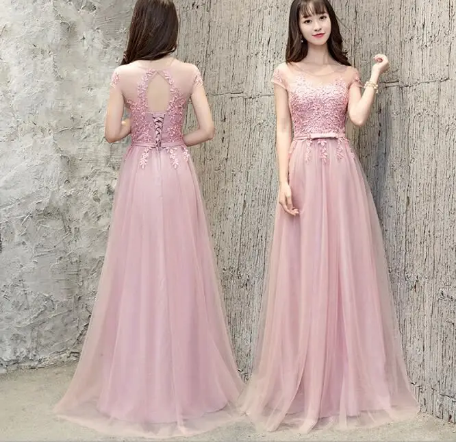 
Dusty Pink Cap Sleeve Long A Line Beaded Lace Applique 2019 Cheap Prom Gowns Dresses for Women 