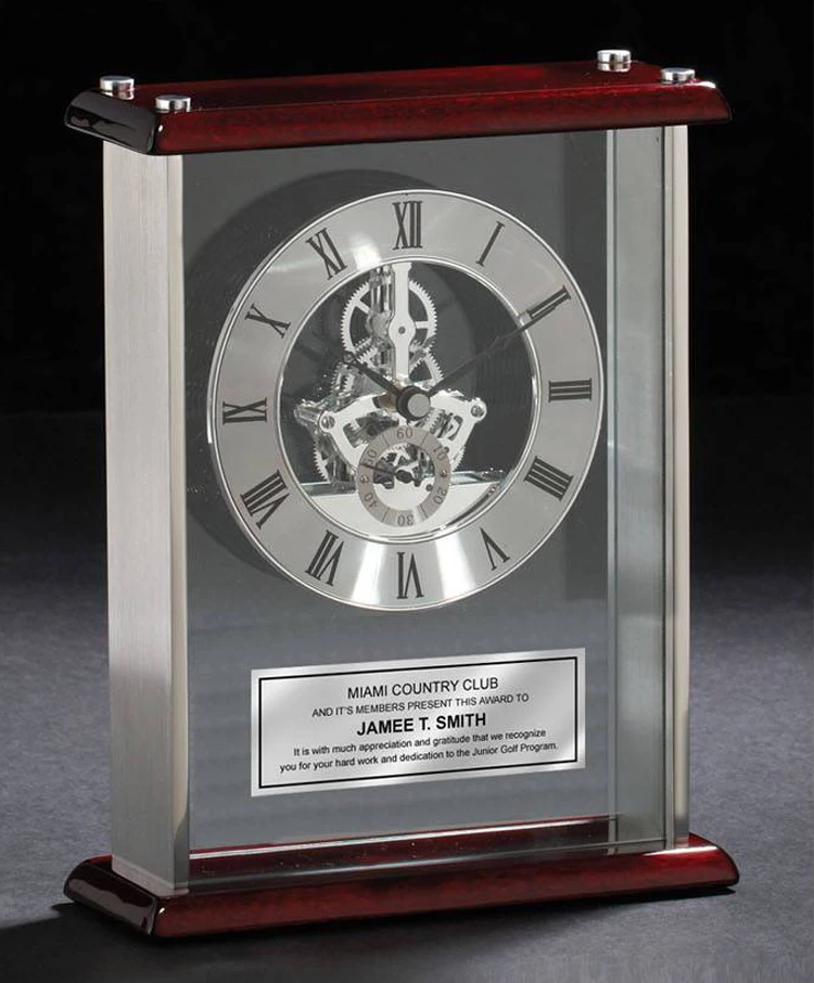Personalized Gift Engraved Logo Enclosed in Glass Gold Brass Desktop Clock