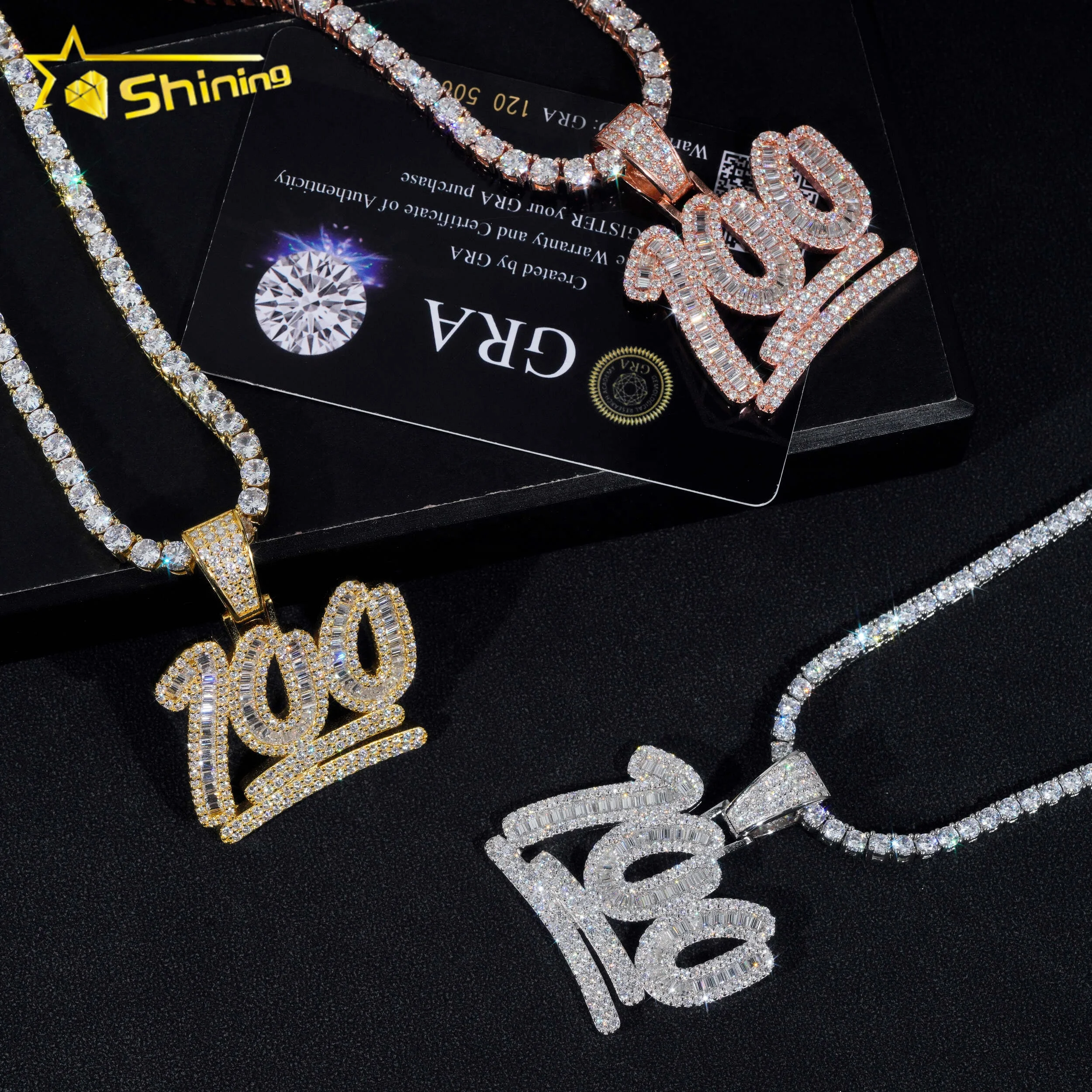 Pass Diamond Tester 925 Sterling Silver Gold Plated Diamond Number 100 Custom Made Iced Out Moissanite Pendant Hip Hop Jewelry