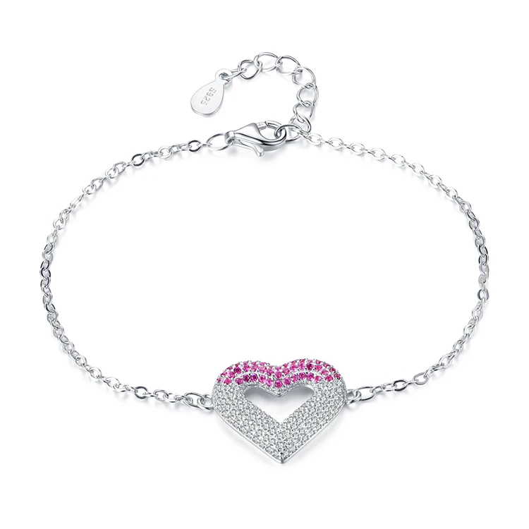 925 Sterling silver jewelry cubic zirconia stones heart shape chain charm bracelets for woman