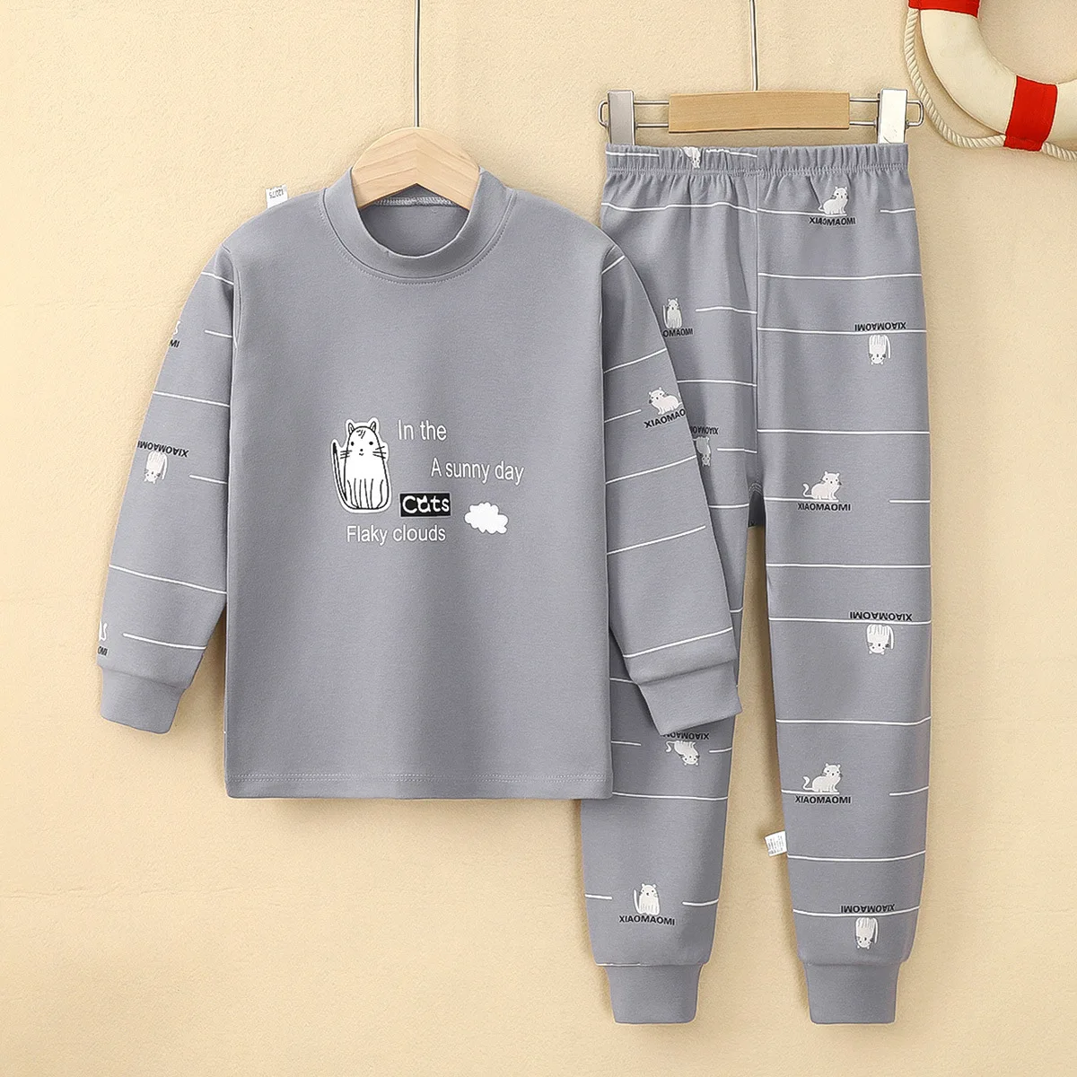 Cartoon printed cotton boys girls sleepwear long sleeve kids pajamas set