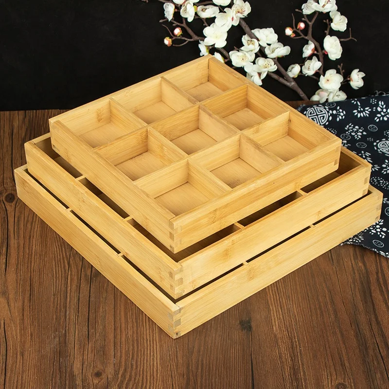 Bamboo Wooden Multi Compartment Hotpot Serving Tray  Bamboo Nine-grid Wood Tableware Snack Plate