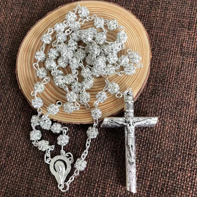 Wedding crystal Blingbling Rhinestone Rosary Catholic rosary Necklace White Zircon Clear Crystals Beads Rosary