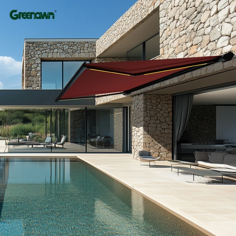 Outdoor window shades retractable awnings home aluminum full cassette awning with LED lighting