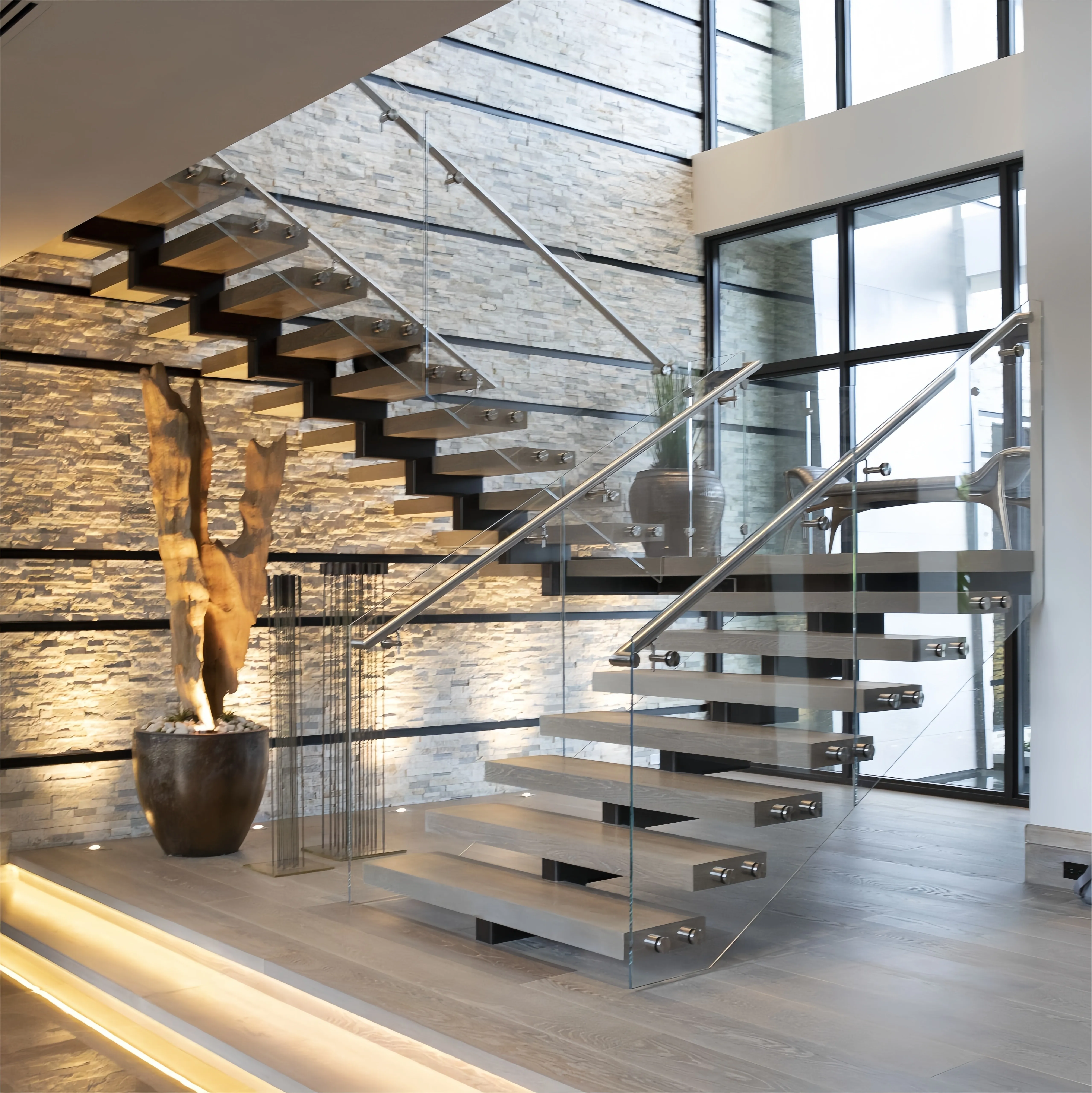 Tanlong modern glass staircase interior design wooden stairs treads indoor step stair