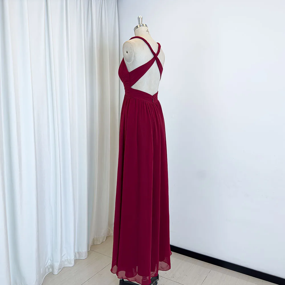 TEENYEE 2024 Red Criss-Cross Deep V-Neck Evening Party Dress for Women Chiffon Bridesmaid Dress Empire Waist Sleeveless Design