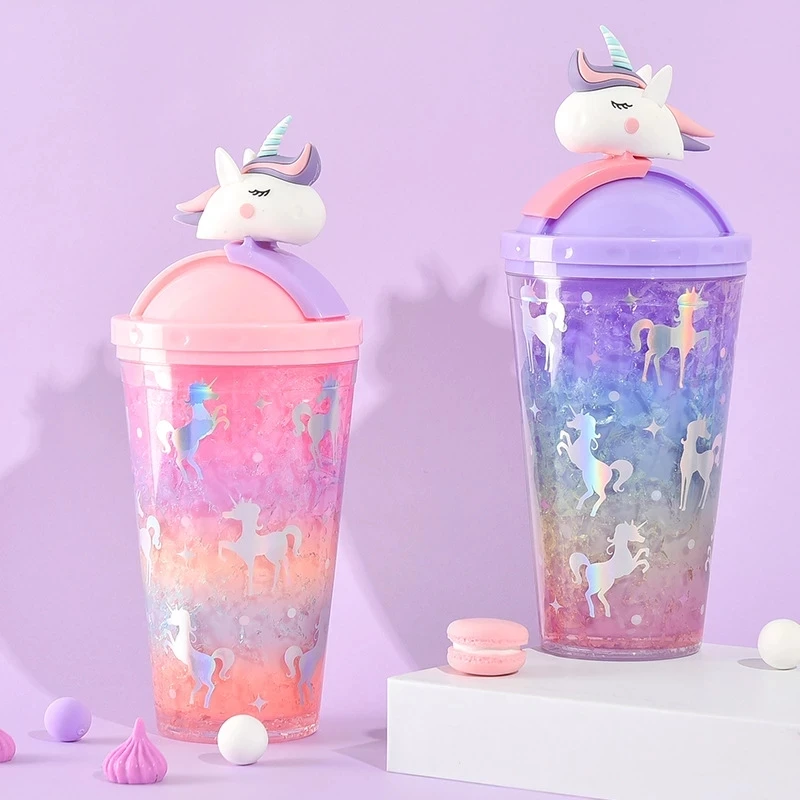 Double Wall  Plastic Water Tumbler With Lid Summer Cute Unicorn Water Bottle With Straw