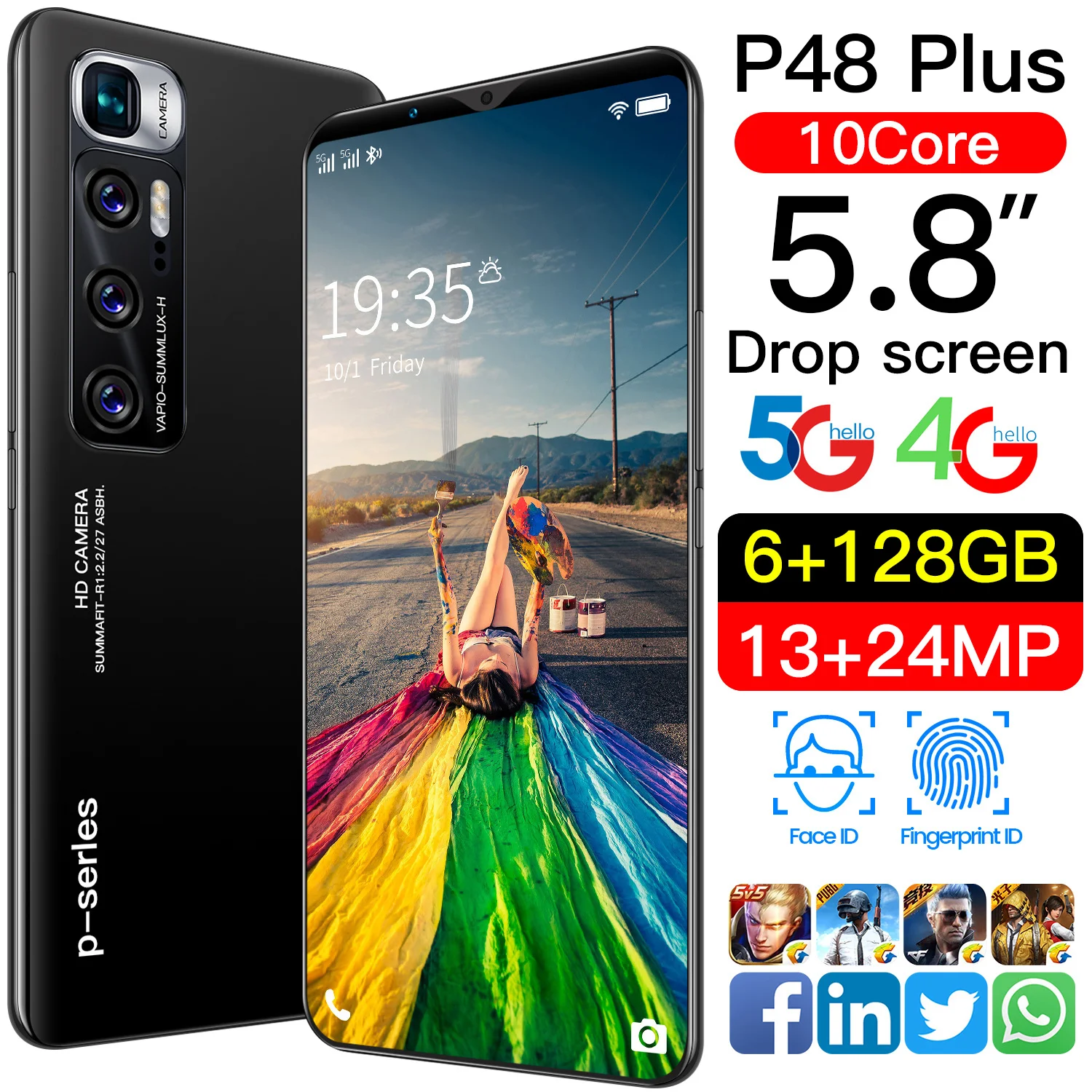 P48 Plus 6+128GB 13+24MP 4800mAh 10 Core China Makes Cheap Mobile Phones Global Version Android 10 Dual SIM 5G Smart phone