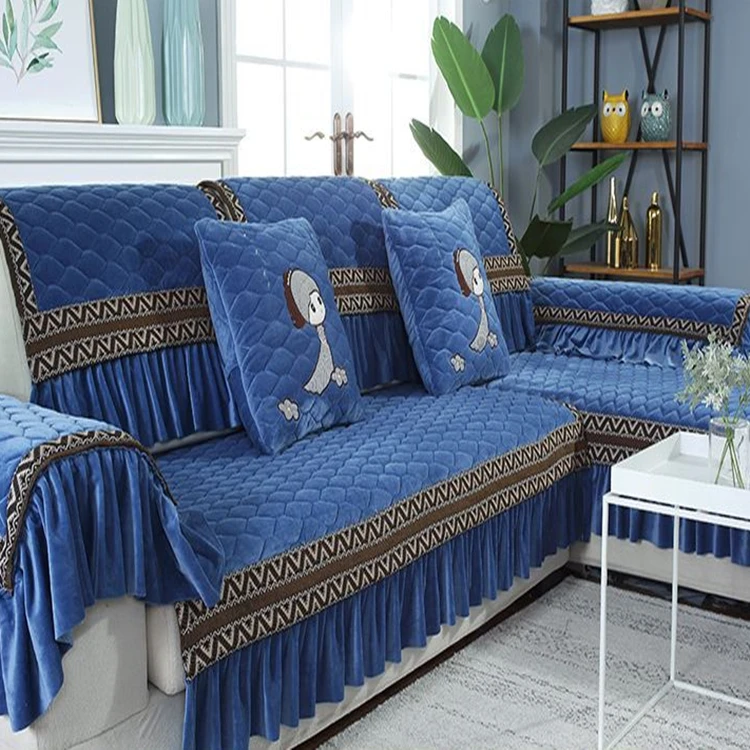 Hot Selling Luxury Good Price Geometric Polyester Sofa Cover Design L Shaped Chenille Blue Sectional Sofa Cover
