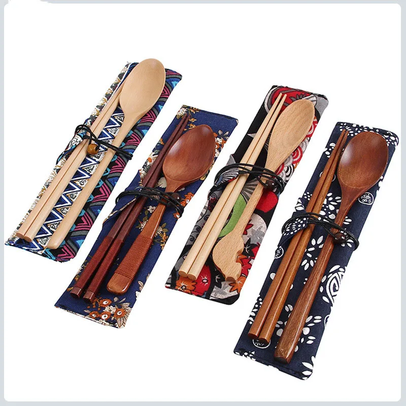 
Retro Utensil Wooden tavel Cutlery Gift Set With Pouch wooden chopstick spoon forks 2 pcs sets with cloth bag Cutlery tableware 