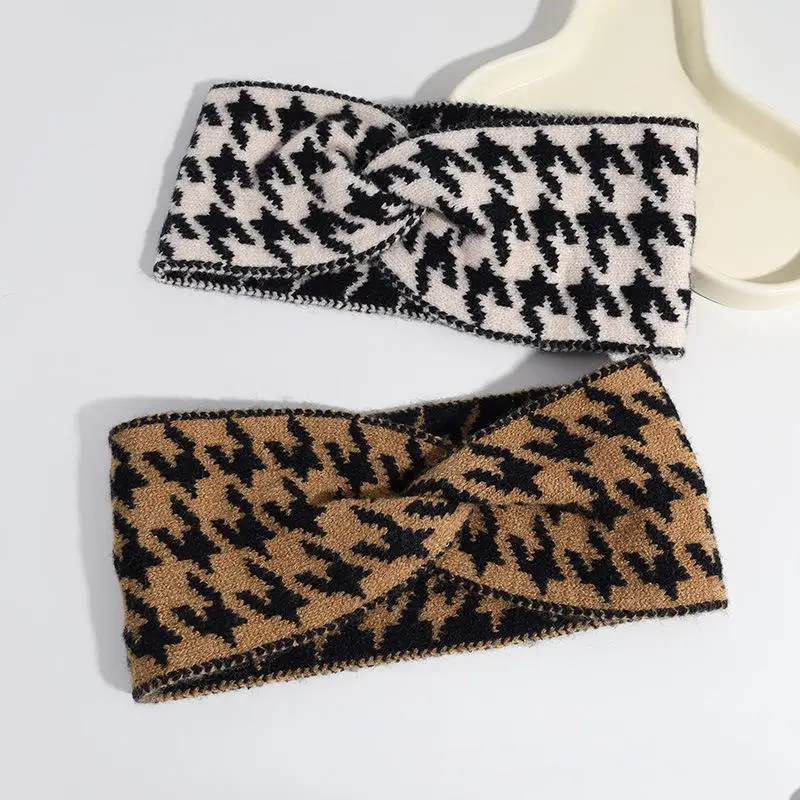 Custom Logo Thousand Bird Lattice Knitted Headband Fashion Wide Edge Wool Elastic Hair Accessories Fashion Soft Plaid Hair Bands