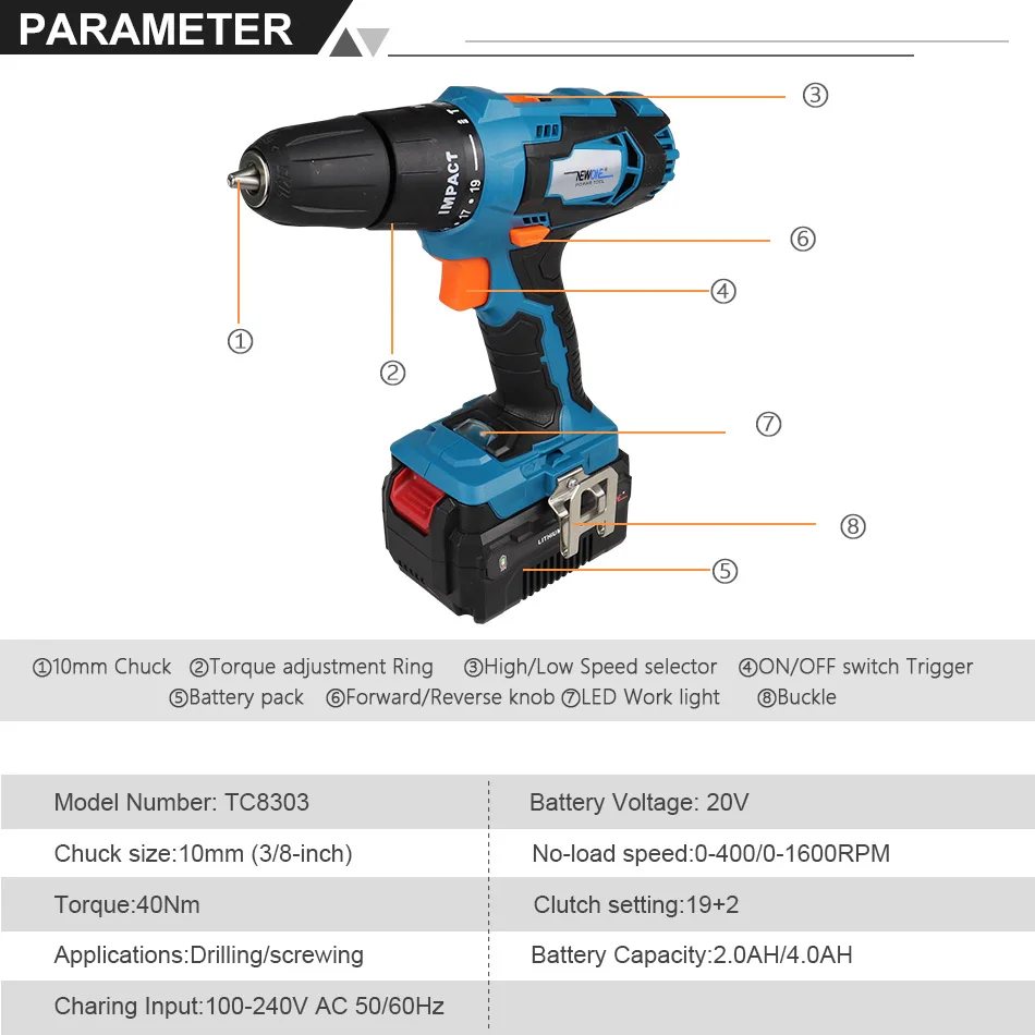 NEWONE Electric Power Tool 20V Li-ion Cordless Impact Drill/Screwdrive Rechargeable Drill Max. 40Nm torque with Big Battery