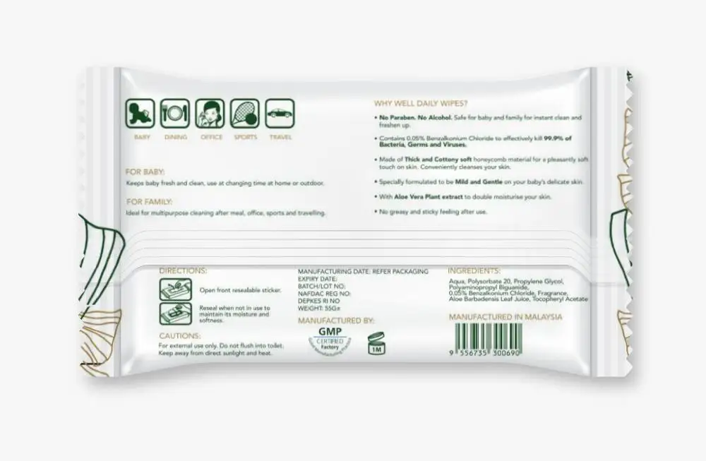 Well Daily high quality Paraben free Alcohol free safe for baby antibacterial wet wipes