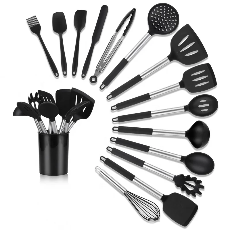 
Non Stick Easy Clean OEM Gift Box 14pcs Cooking Tool Set Kitchen Utensils Silicone Black with Stainless Steel Handle 