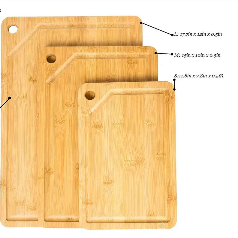 Лидер продаж в Китае, натуральный набор из 3 предметов, разделочная доска из бамбукового дерева с отверстиями для ручек и пазами