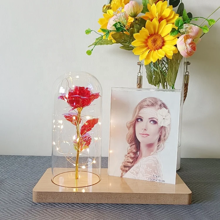New Modern Luxury Bedroom Wooden Photo Frame Shelf Rose Flower LED Light Glass Tabletop Lamp Home Decor