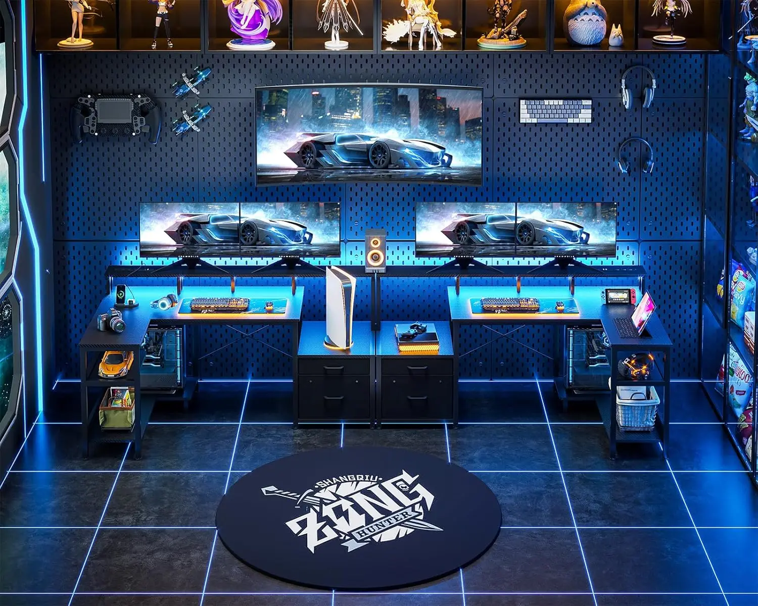 57 Inch L Shaped Gaming Computer Desk with USB Charging Ports & Power Outlets,  Study Table with LED Lighting, Carbon Black