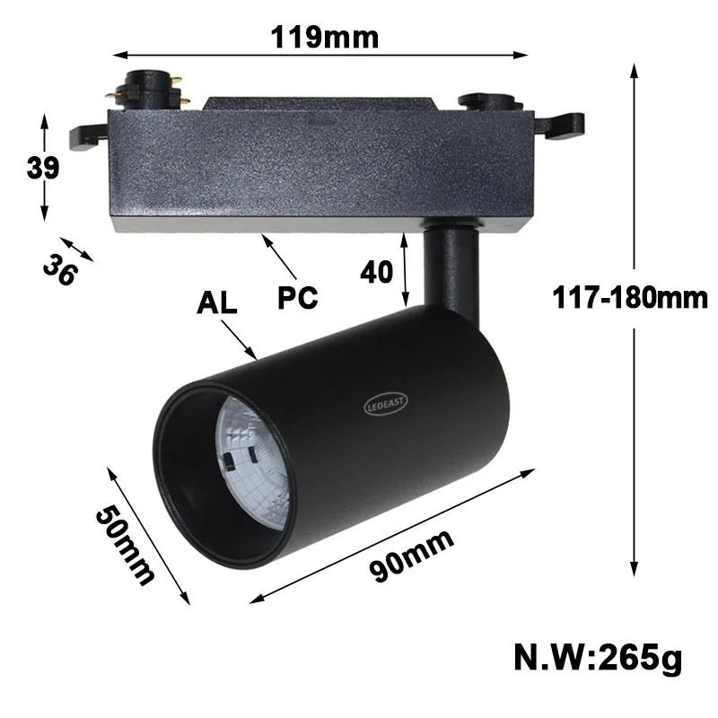 LEDEAST TLH50A 1 Phase 3 Phase Track Light Housing 12W Aluminum Canister Track Rail Light Holder Shell for Commercial Lighting