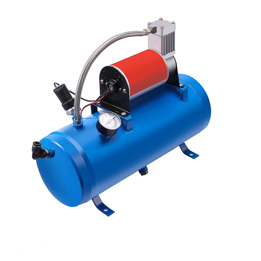 4Trumpet Air Horn 12V Compressor Kit Blue Tank Gauge For Train Truck Car 150PSI Trumpet Air Horn