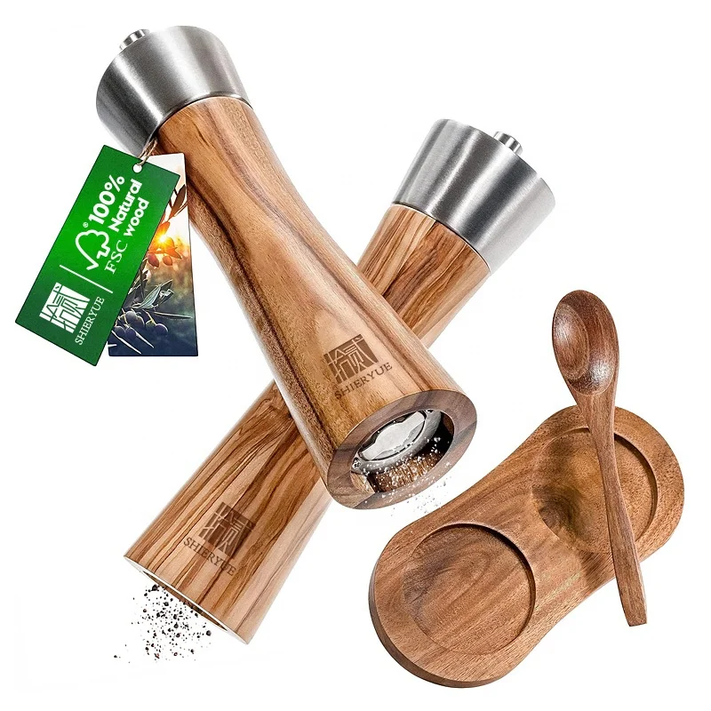 Custom Acacia Wood & stainless steel spice mills wood salt and pepper grinder mill with saucer and spoon