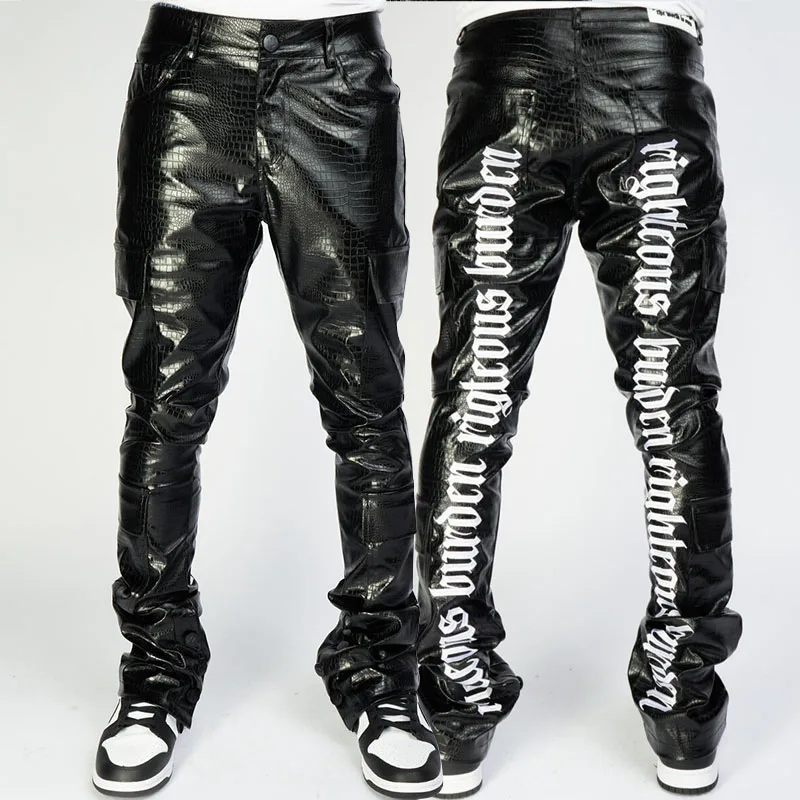 Custom Streetwear High Waist Zipper Pu Flare Sweat Trousers Embroidery Faux Leather Stacked Track Pants Men