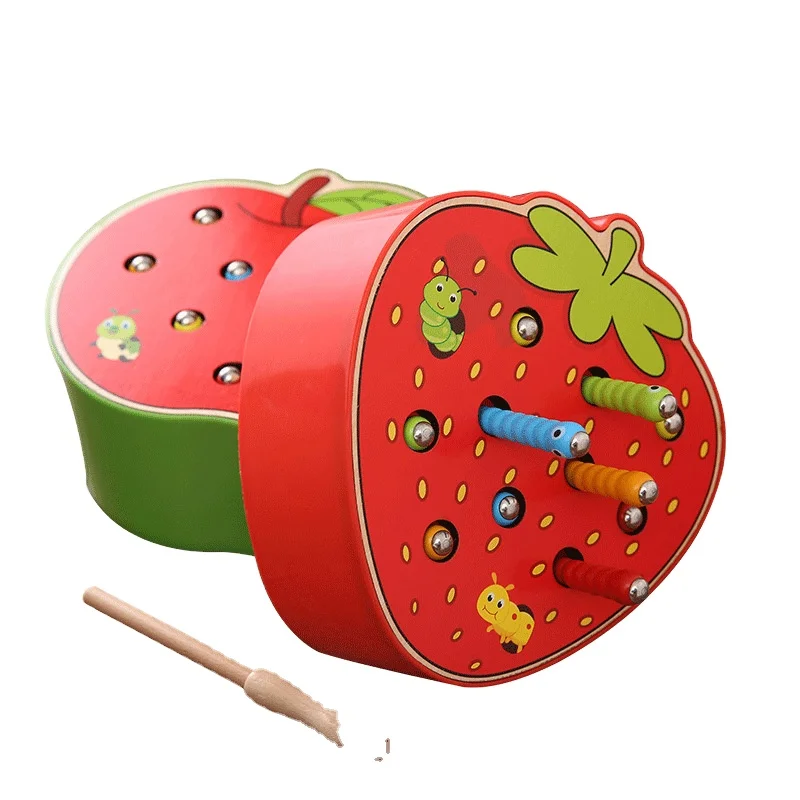 Magnetic Insect Catching Game Hand Eye Coordination Insect Eating Apple Strawberry Trematode Desktop Game Early Education Toy