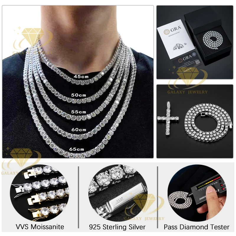 Cheapest Price Hip Hop Silver 925 Moissanite Chain 2mm 3mm 4mm 5mm 6.5mm VVS Moissanite Diamond Necklace Moissanite Tennis Chain