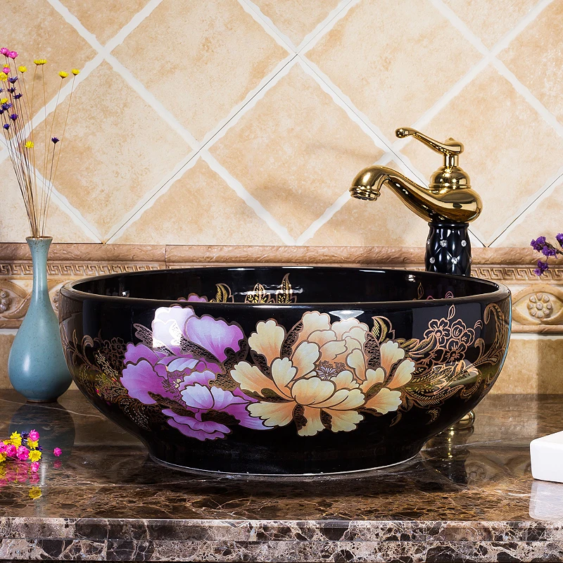 China peony Painting Handmade Ceramic Art Basin Sinks Counter Top Wash Basin Bathroom Vessel Sinks bathroom round washing basin