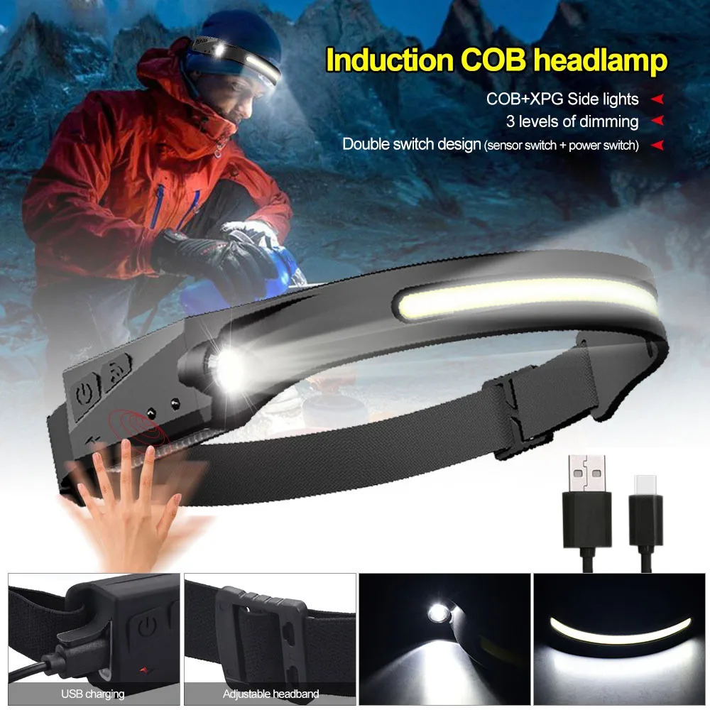 Lightweight Full Vision 2 PACK Head Light LED COB Headlamp With Hands Wave Sensor Mode