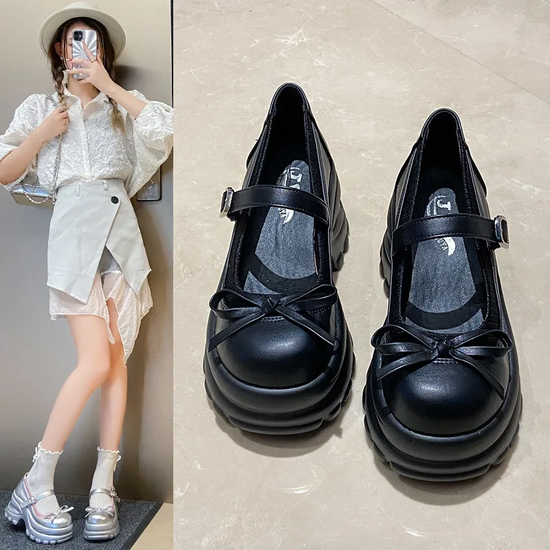 2024 autumn new silver bow platform high heels Mary Jane Academy style network red light mouth fashion single shoes