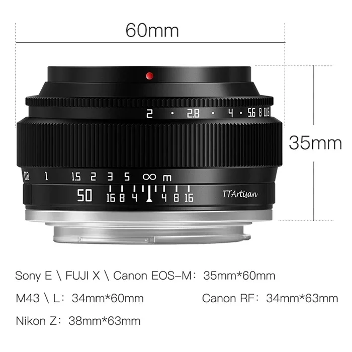 Ttartisan 50 мм F2 полный кадр Кольцо адаптер для беззеркальной камеры объектив MF объектив с широкой диафрагмой и стандартное фокусное расстояние для E/X/M43/EOS-M/RF/Z/L крепление
