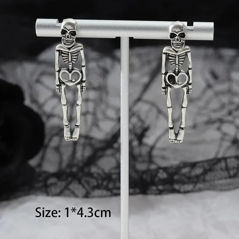 2024 New Exaggerated Halloween Gothic Style Skull Skeleton Drop Earrings Silver Plated Ghost Hip Hop Rock Cool Dropped Earrings