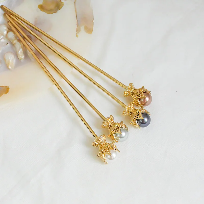 One-word hairpin Noble pearl hair fork plain hairpin modern ancient style hairpin headwear daily ball head dish hair ornaments