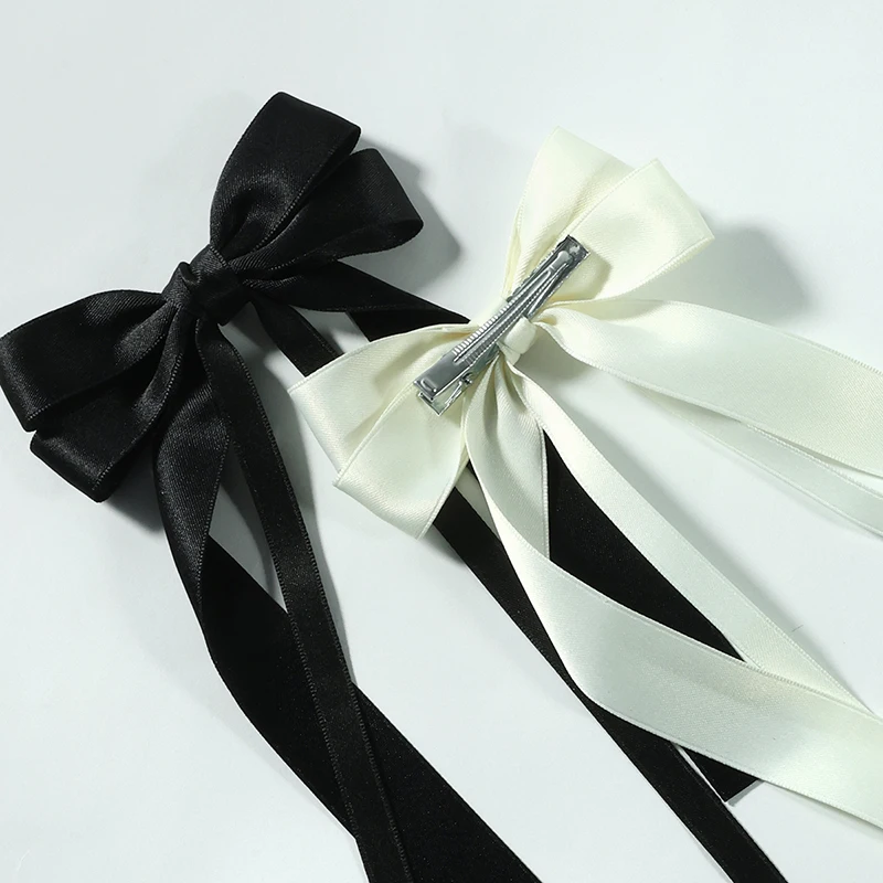 CN 2024 Hot Sale Customize Hair Bow  Fabric Bowknot with Long Tail Satin Hair Bow Clip for Women