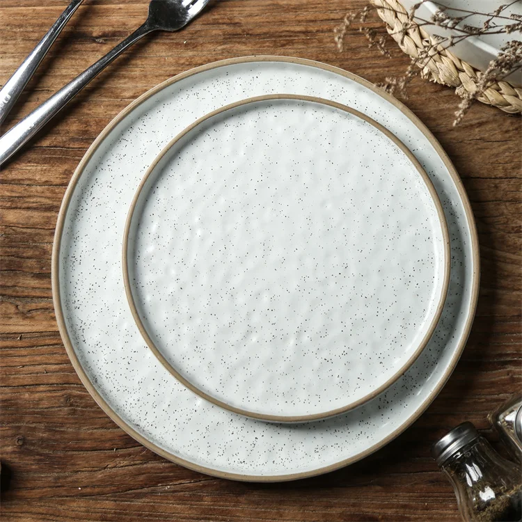 Rough surface speckle round nordic ceramic tableware plate and bowl 16 pieces white dinner set porcelain for wedding home