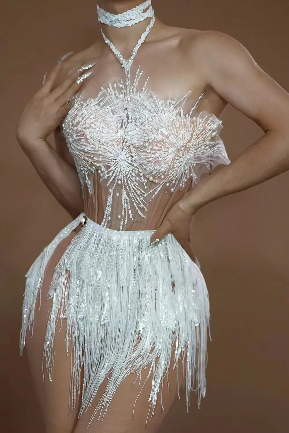 Vestido Sexy Pearl Sequin Tassel Strapless Prom Mini Dresses Elegant Backless Show Exotic Dancer Wear Women Night Club Dresses