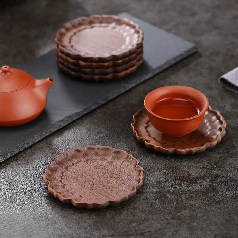 Tailai Luxurious Walnut Wood Petal-Shaped Coaster for Mugs Small serving tray Perfect for Kitchen and Office Desk