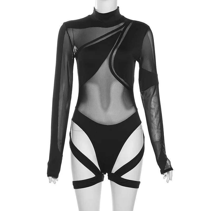 K23K40435 Unique See Through O Collar Body-shaping Playsuit Casual Street Clothing Mesh Patchwork Bodysuits Women