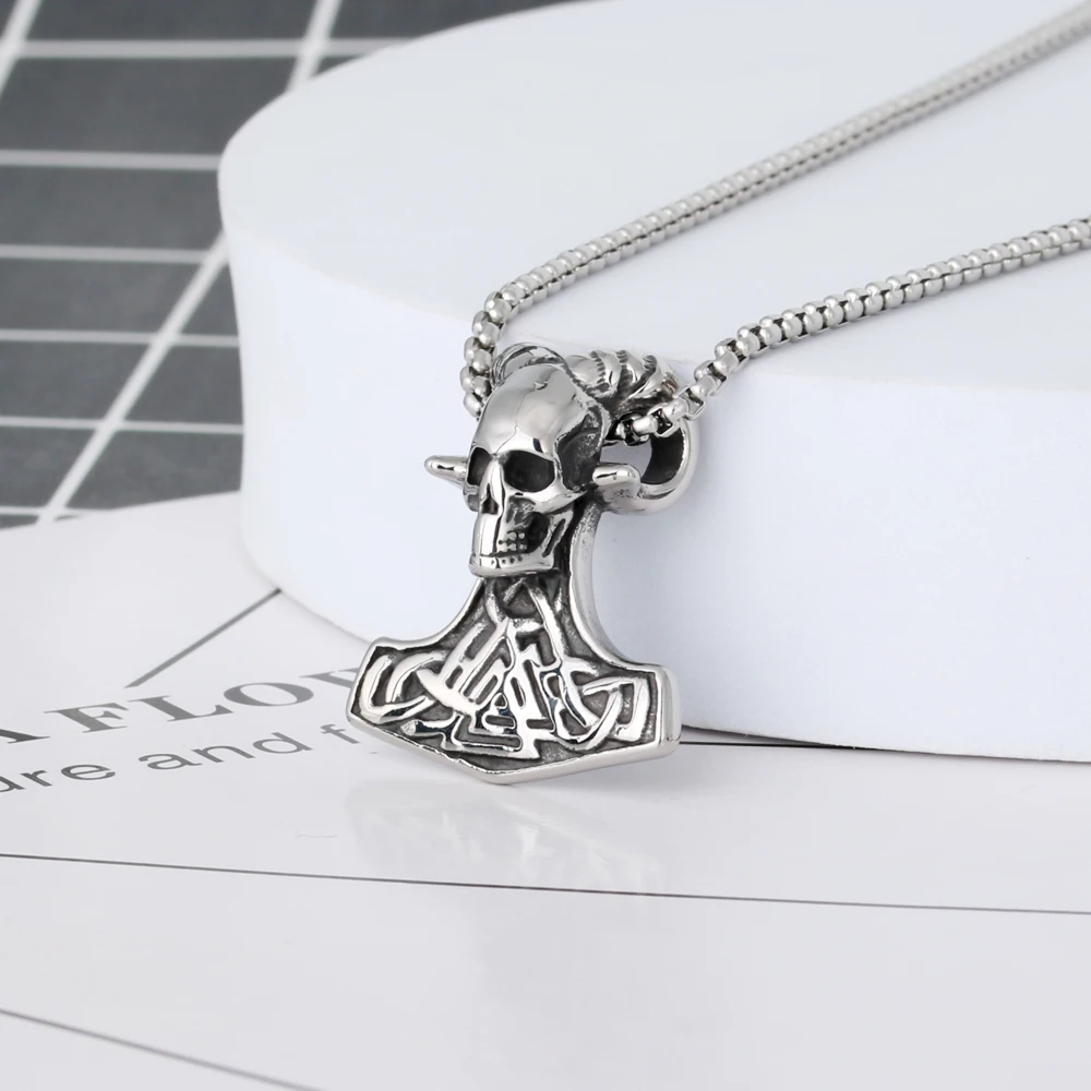 Hip Hop Jewelry Stainless Steel Demon Sheep Goat Head Skull Pendant Viking Valknut Irish Knot Thor Hammer Pendant