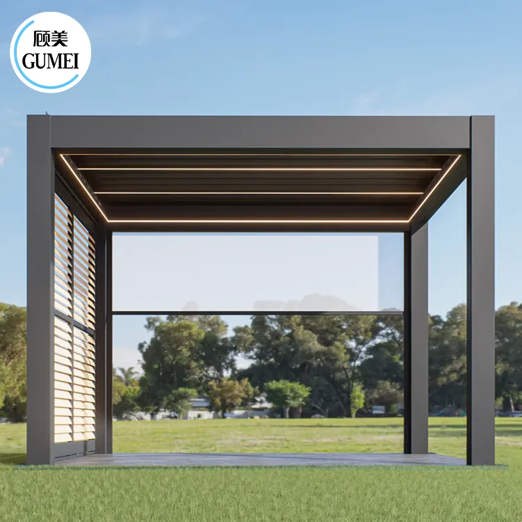 Wall-Mounted Outdoor Waterproof Aluminum Pergola  Roof System Bioclimatic Motorized Retractable Louvre Awning