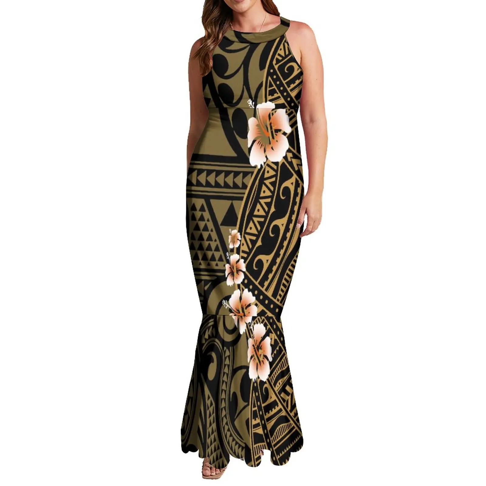 Low Price Wholesale Custom Halter Sleeveless Mermaid Dresses TE PA Polynesian Tribal Fishtail Evening Dresses With Back Neck Tie