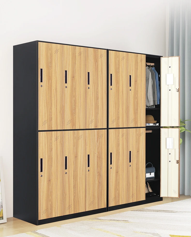 High Quality 4 Door Red Wood Grain Metal Locker Wardrobe Office Transfer Suitable Bedroom Storage Furniture for Home Use
